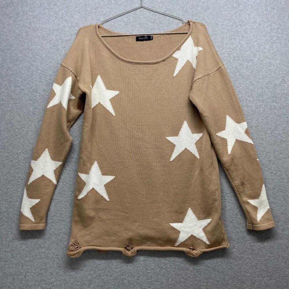 Amaryllis Sweater Womens Medium Tan White Stars Distressed Soft Round Neck Long
